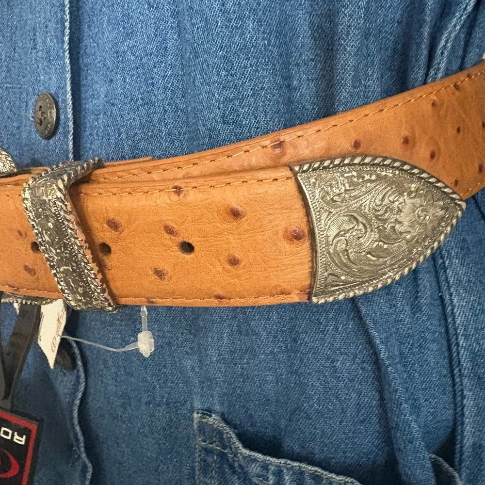 Roper Tan Ostrich-Texture Belt with Silver Western Buckle